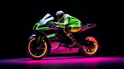 8K Photorealistic Neon-Lit Motorcycle Racer Image with Hyper-Realistic Detail AI Image