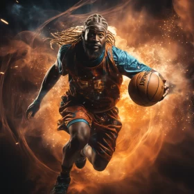 Dynamic Tattooed Basketball Player Portrait with Fiery Backdrop AI Image