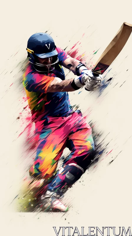 Dynamic Textural Paint Effect of a Cricket Player in Full Swing AI Image