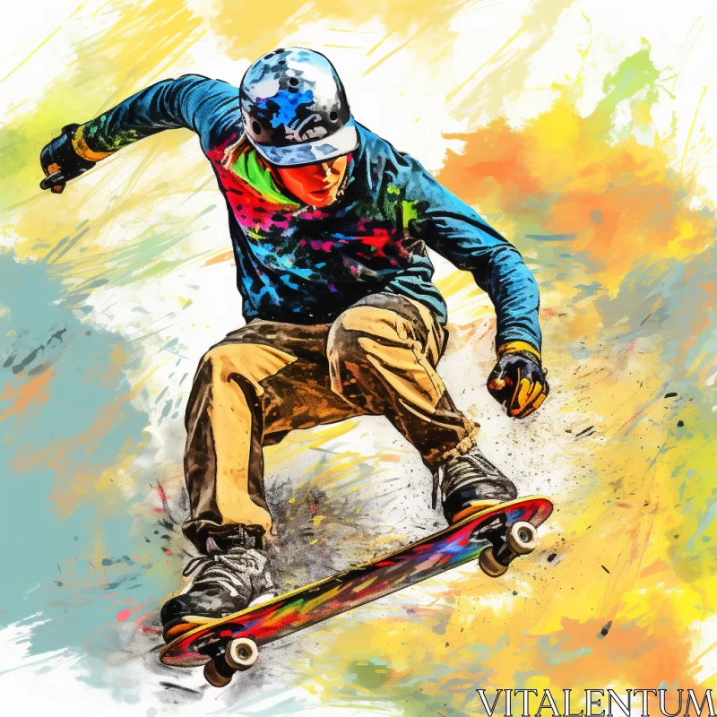 AI ART High-Definition HDR Painting of Gravity-Defying Skateboarder with Vibrant Color Splash Technique