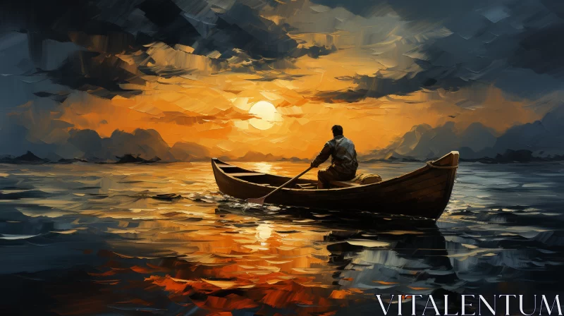 Man Paddling at Sunset in Calm Pool Digital Painting AI Image