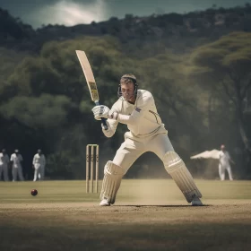 Dynamic Cricket Game Moment on Vibrant Green Field AI Image