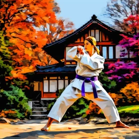 Dynamic Karate Move Amidst Rustic Charm in Anime-Impressionistic Fusion AI Image