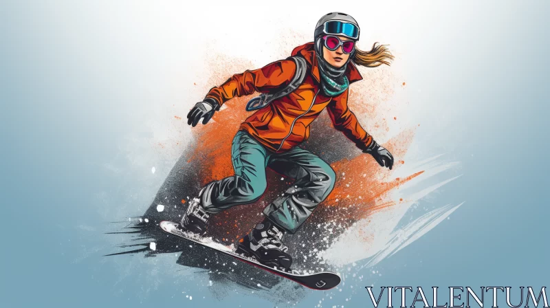 AI ART Mixed Media Illustration of Female Snowboarder in Action
