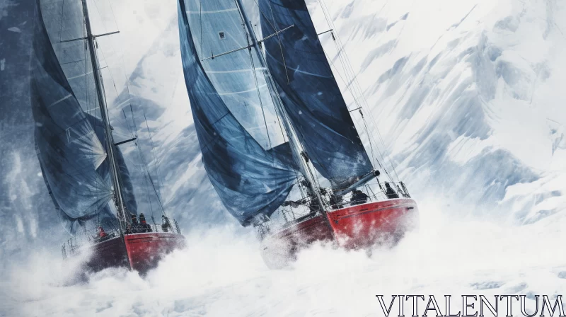 Winning Digital Painting of Sailboats in Snowy Landscape AI Image