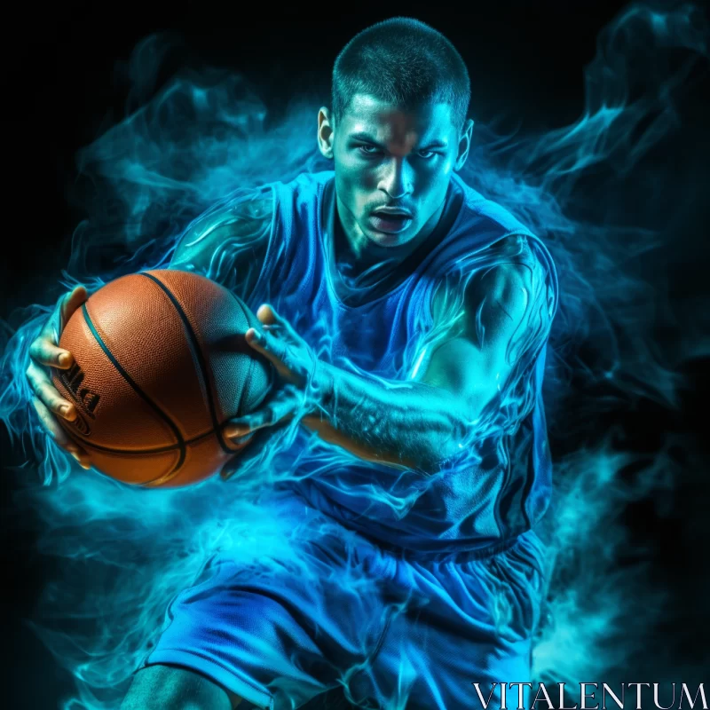 Dramatic Basketball Action in Smoky Cyan & Indigo Hues AI Image