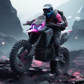 Futuristic Desert Motorcycle Adventure in Surreal Landscape AI Image