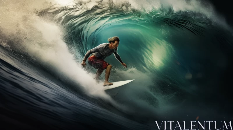 Photorealistic Surrealism of Lone Surfer Carving Through Mighty Waves, a Vivid Illustration of Man's AI Image