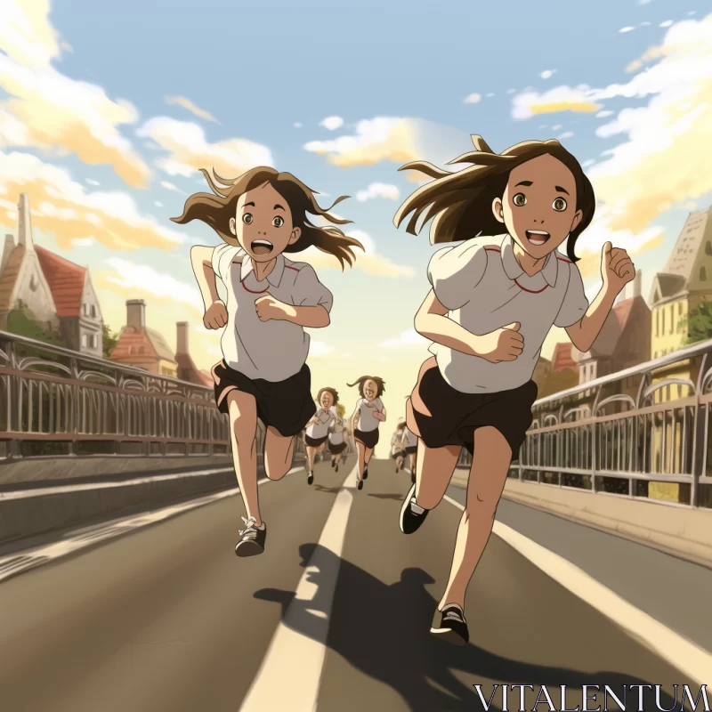 Anime Girls Joyful Run Across School Bridge in Manga Style AI Image