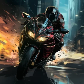 Anime Style Action Scene with Motorcycle in City Street AI Image