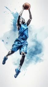 Dynamic Basketball Player Image in Vibrant Blue with Abstract Watercolor Background AI Image