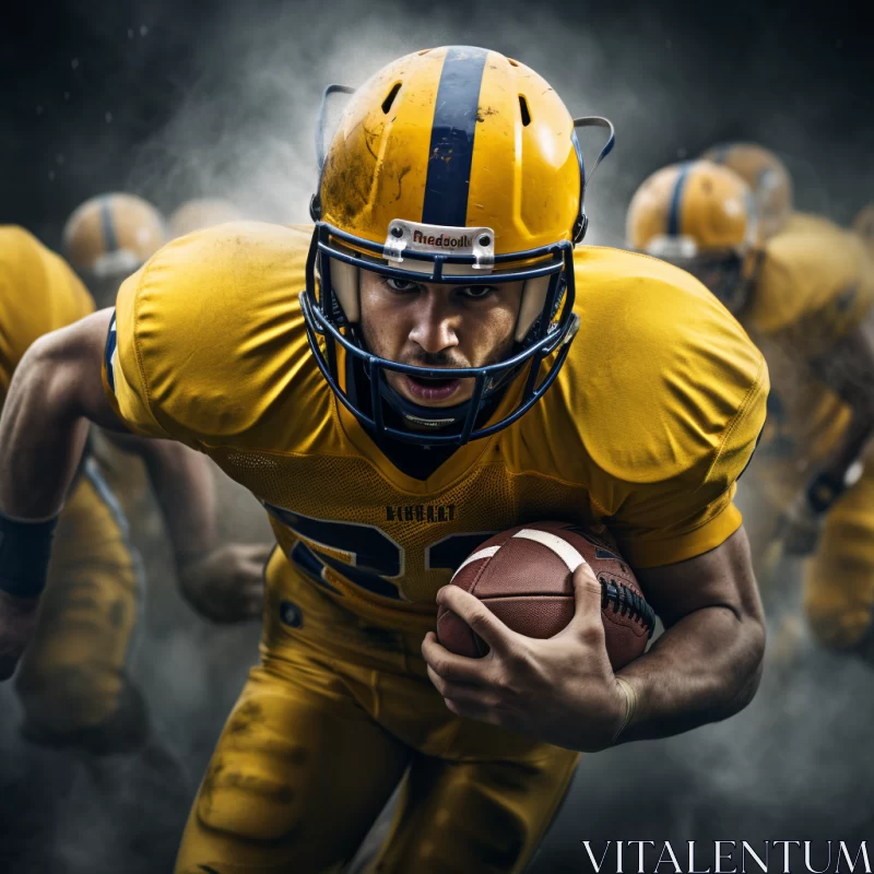 Intense Football Game with Player in Mid-Sprint on Yellow Field AI Image