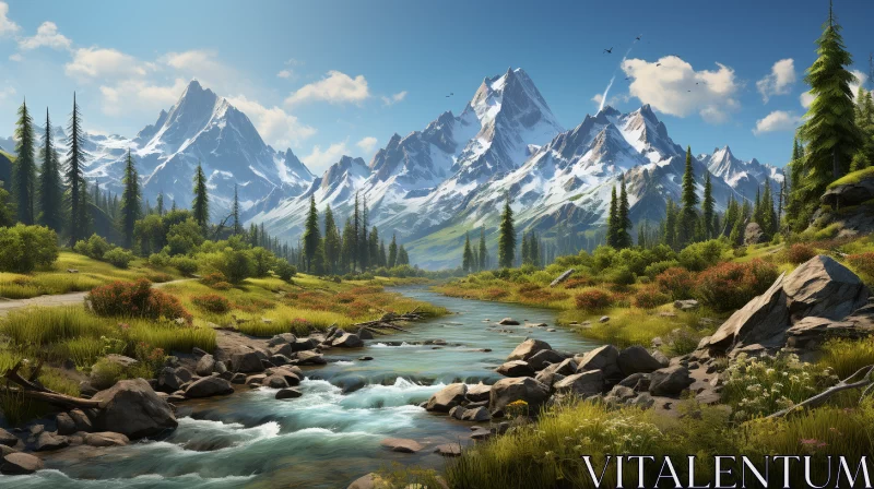 Majestic Mountain Wilderness with Reflective River Scene AI Image