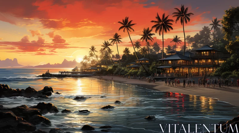 Panoramic Tropical Beach Sunset with Neo-Geo Resort AI Image