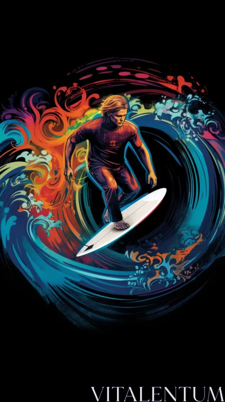 AI ART Striking Visual Narrative of a Surfer Gliding Through Colossal Wave with Vibrant Swirling Colors, De