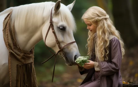A Serene Scene in a Lush Forest: A Girl and a White Horse