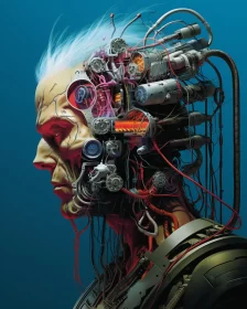 Mesmerizing Sci-Fi Illustration: Robot Head with Complex Network of Electrical Wires in Cyberpunk St