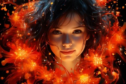 Girl with Flaming Flowers - A Realistic Depiction of Light and Serene Faces