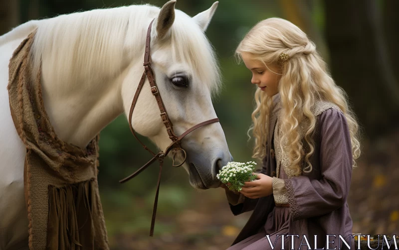 A Serene Scene in a Lush Forest: A Girl and a White Horse AI Image
