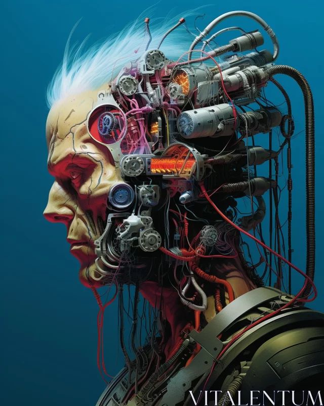 Mesmerizing Sci-Fi Illustration: Robot Head with Complex Network of Electrical Wires in Cyberpunk St AI Image