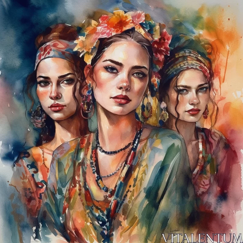 Three beautiful women in watercolor style, in the style of melds russian and ukraian cultures AI Image