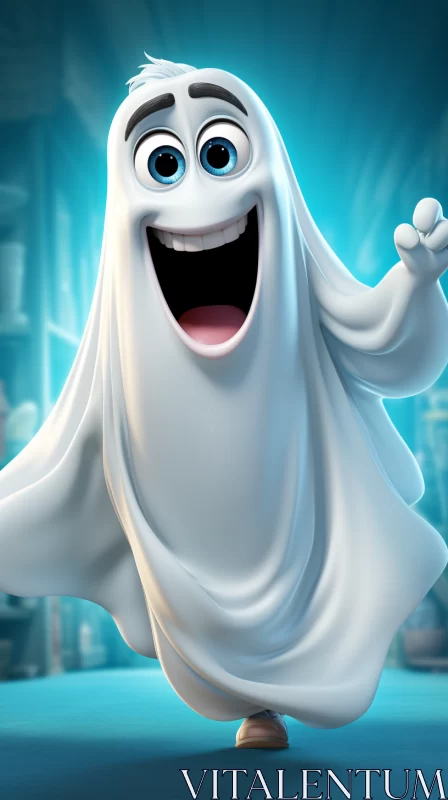 Animated Ghost in Blue Room - Quirky Cartoon Art AI Image