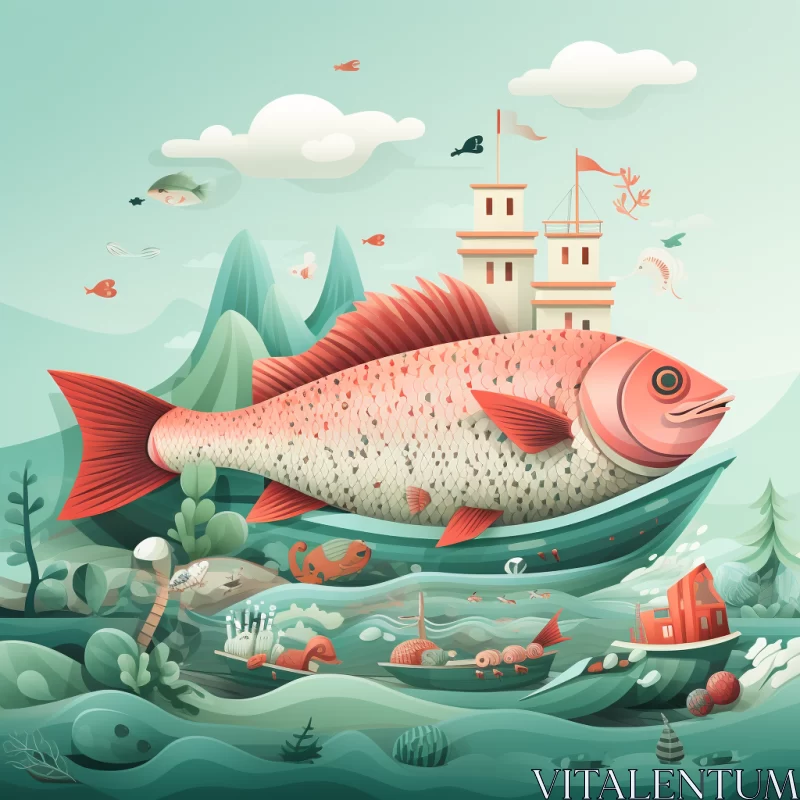 Fish in the Sea with Castle - Detailed Multilayered Illustration AI Image