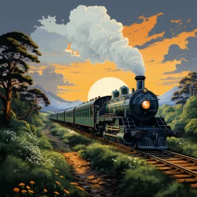 Art Nouveau Train at Sunset: Nature-Inspired Artwork AI Image