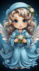 Charming Blue Angel Illustration in Kawaii Art Style