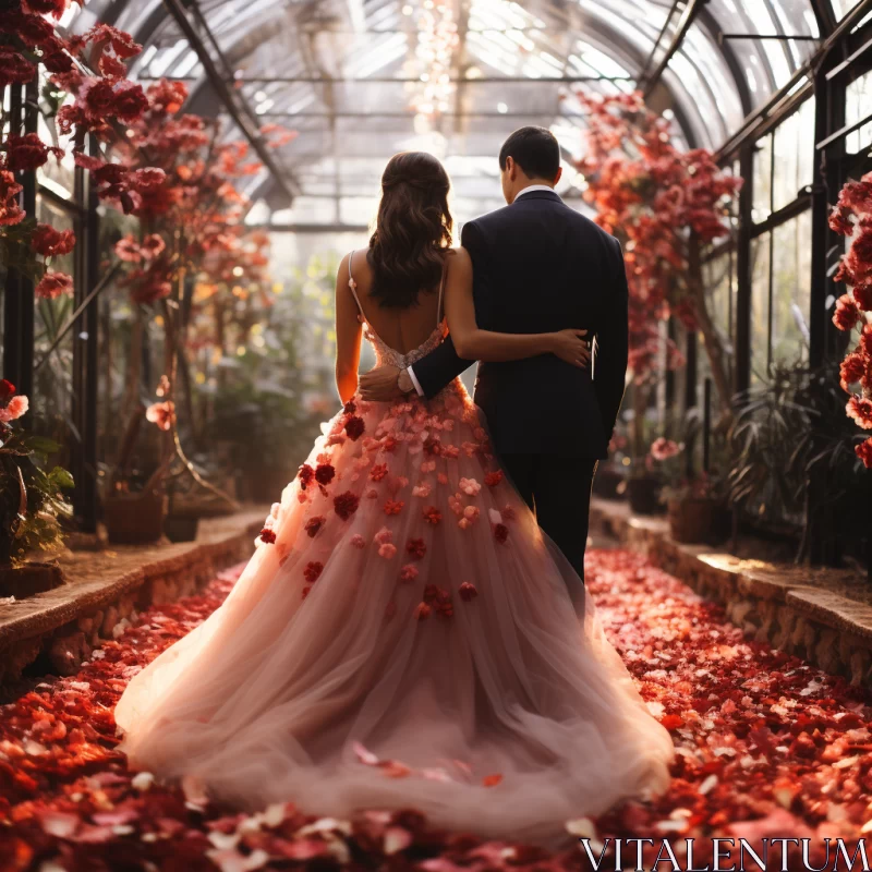 Romantic Greenhouse Wedding: A Stroll Among Red Petals AI Image