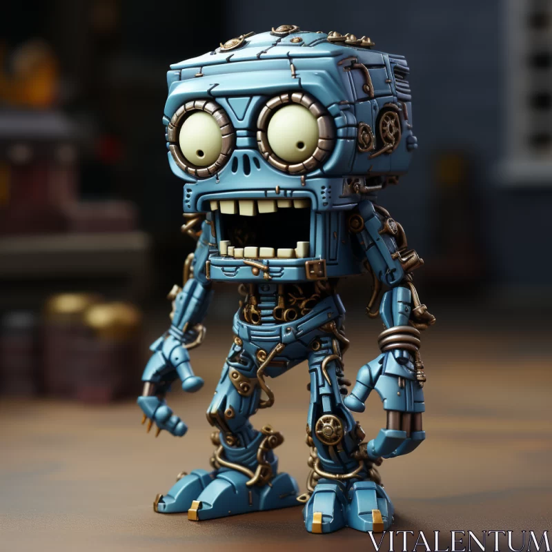 AI ART Steampunk Blue Robot with Metallic Gears - Grotesque Caricature Art