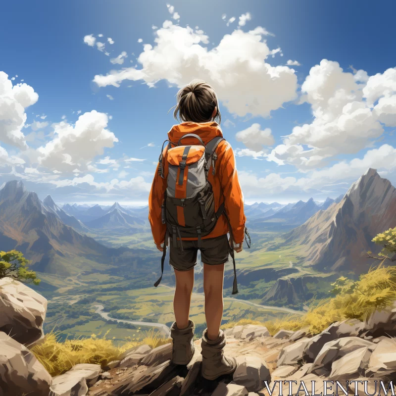 Digital Painting of Girl Backpacking in Mountains AI Image
