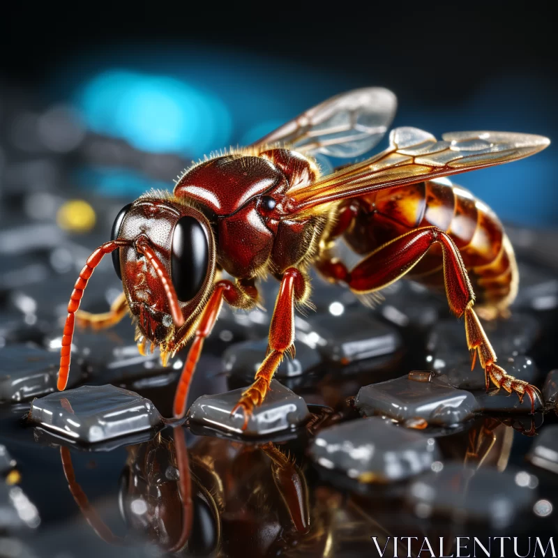 Metallic Wasp on Keyboard: A Study in Vray Tracing and Precision AI Image
