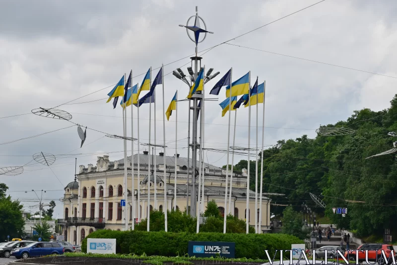Ukrainian Capital Kyiv: Sunny Day with Flags on the Street Free Stock Photo