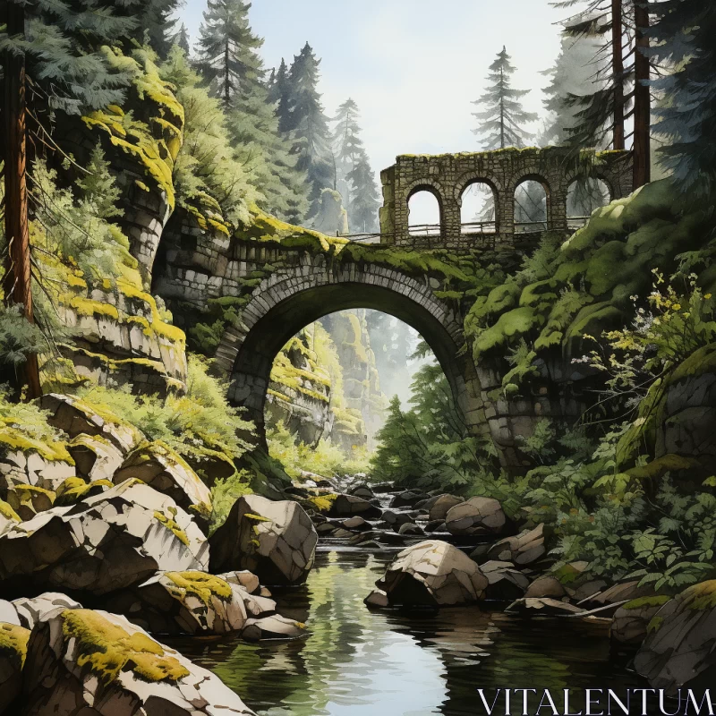 AI ART Enchanting Forest Bridge Painting in Romantic Ruins Style