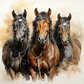 Captivating Watercolor Painting of Three Horses in Realistic Style