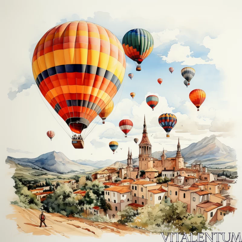 Watercolor Illustration of Air Balloons Over Town in Baroque Style AI Image