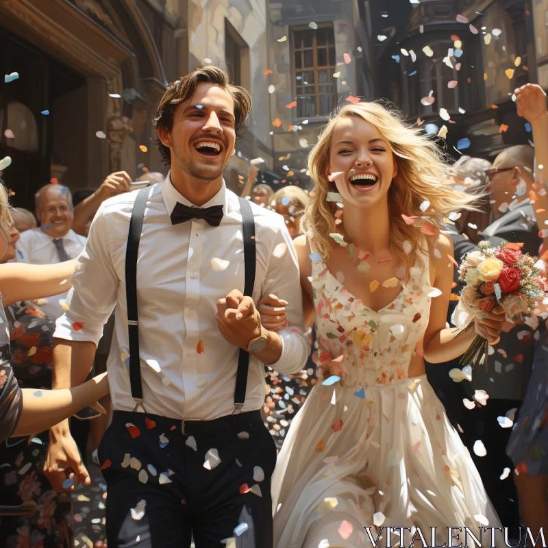 Joyful Wedding Confetti Scene with Bride and Groom AI Image