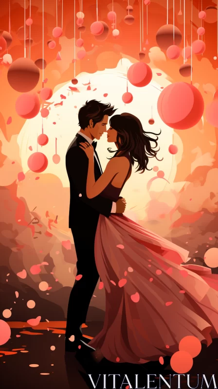 Romantic Illustration of Couple under Red Lanterns AI Image