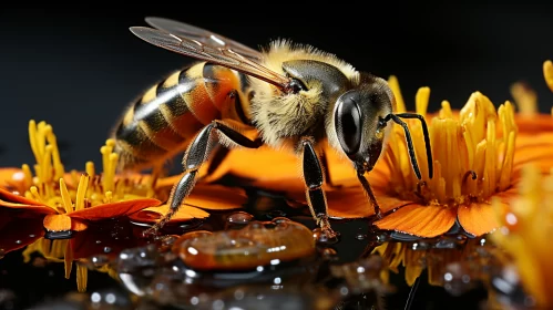 Macro Image of Bee on Flower: A Study in Amber and Silver AI Image