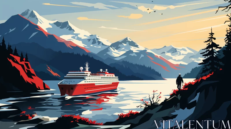 Vintage Style Red Cruise Ship Approaching Mountains AI Image