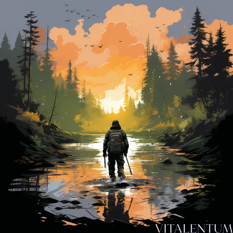 Post-Apocalyptic Wilderness: Man by the River Illustration AI Image