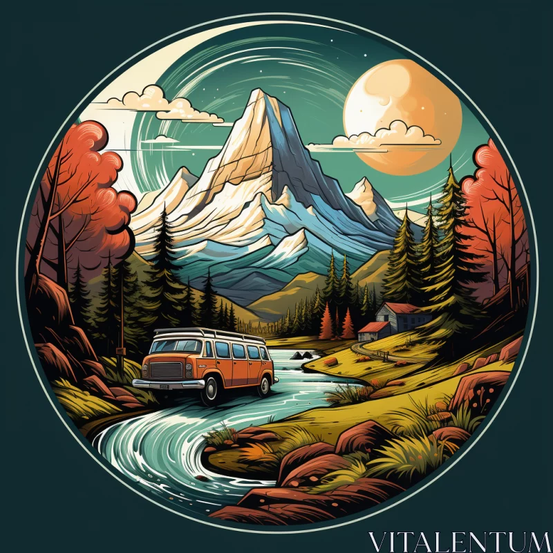 Retro Van in Fluid Mountain Landscape - Detailed Art Nouveau Illustration AI Image