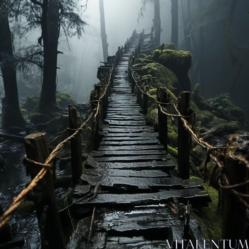 AI ART Mysterious Forest Pathway: Wooden Bridge into the Foggy Woods