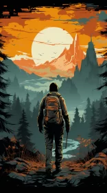 Traveler in Autumn Woodland - Poster Art Illustration AI Image