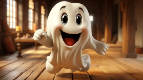 Joyful Cartoon Ghost Sprinting on Wooden Floor AI Image