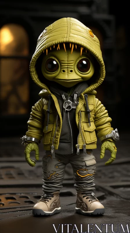 Green and Yellow Alien Figure in Cyberpunk Style AI Image