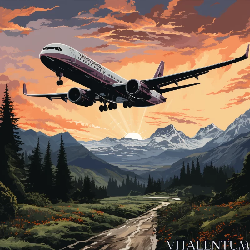 Passenger Jet over Mountains: Nature-Inspired Art Nouveau Rendering AI Image