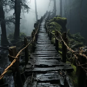 Mysterious Forest Pathway: Wooden Bridge into the Foggy Woods AI Image