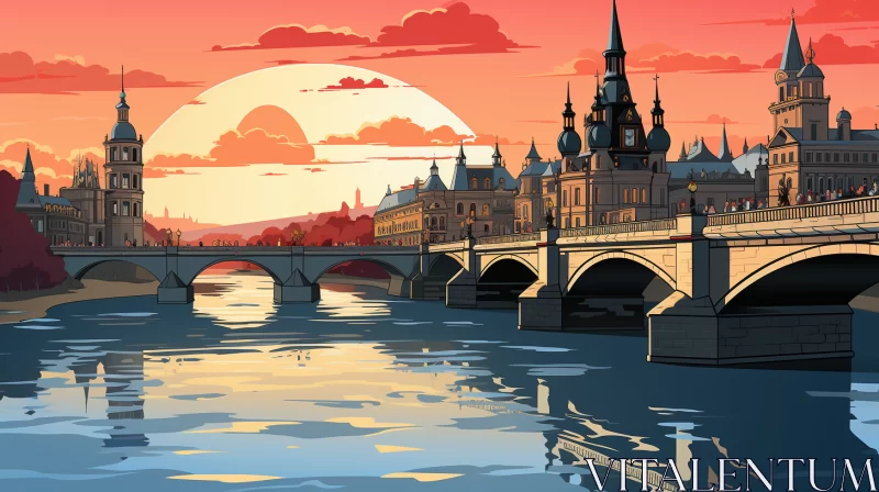 Art Nouveau Cityscape with Bridge and Buildings AI Image